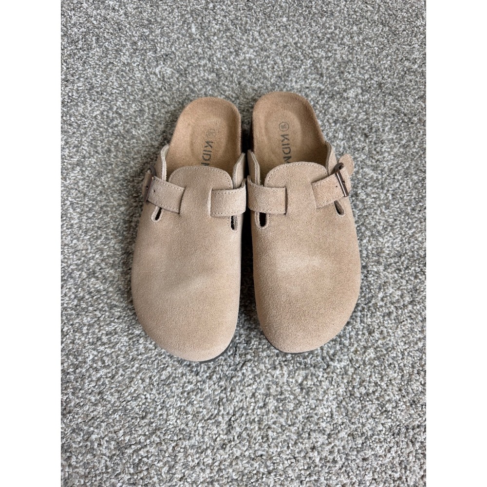 KIDMI Tan Suede Cork Footbed Clogs Mules Size 38 Buckle Strap Slip On Shoes
